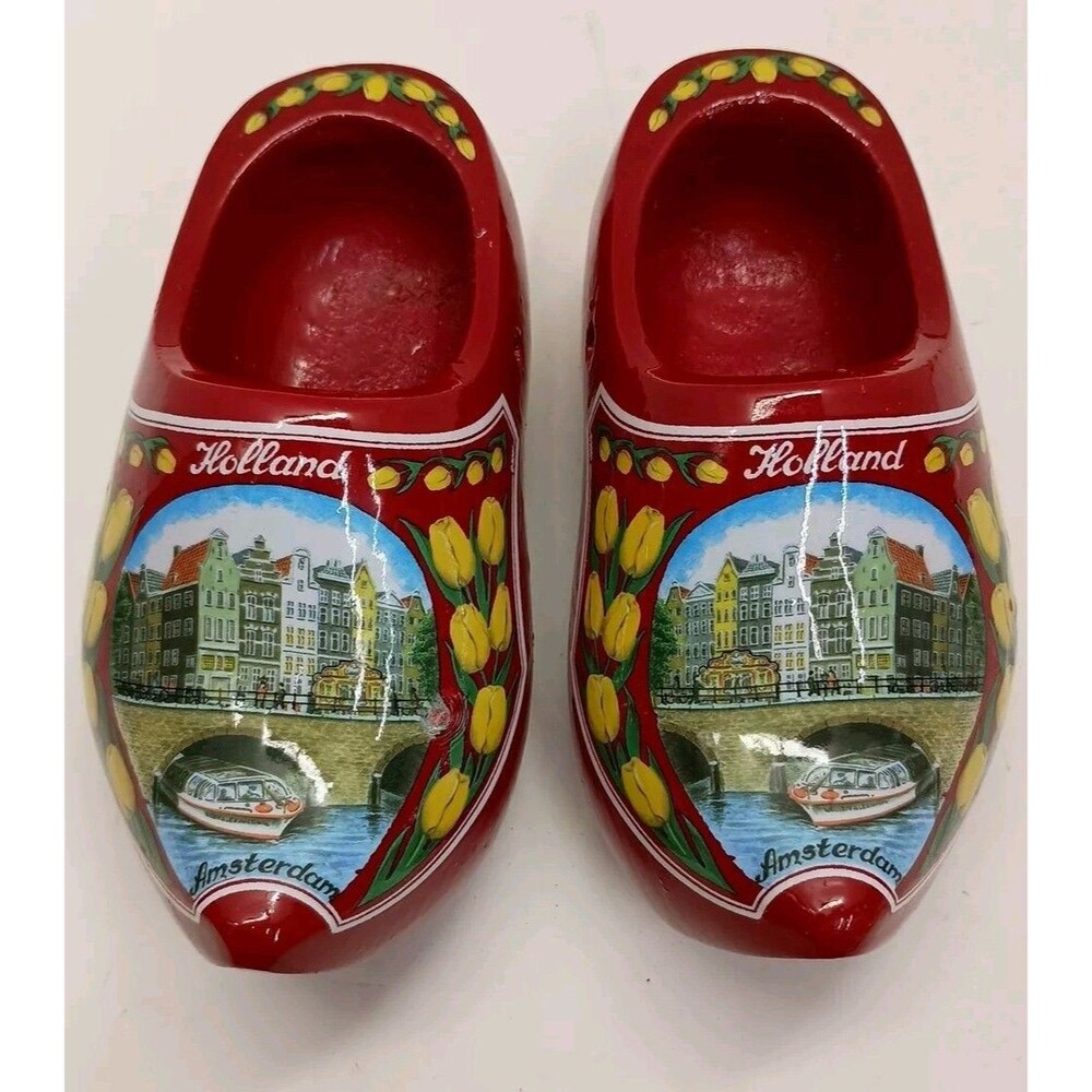Vintage Holland Dutch Wooden Clogs Mini Shoes Amsterdam Souvenir Hand Painted